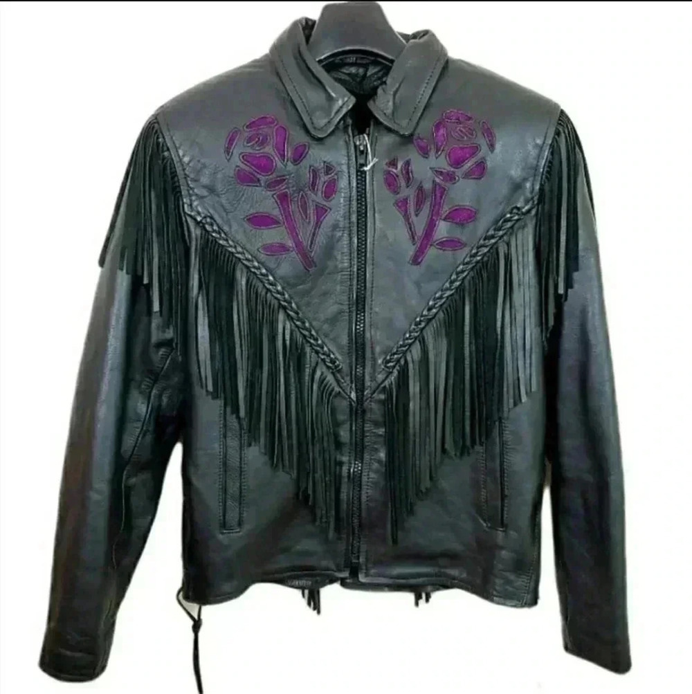 Black Leather Vintage Western Fringe Jacket with Purple Embroidery – Medium